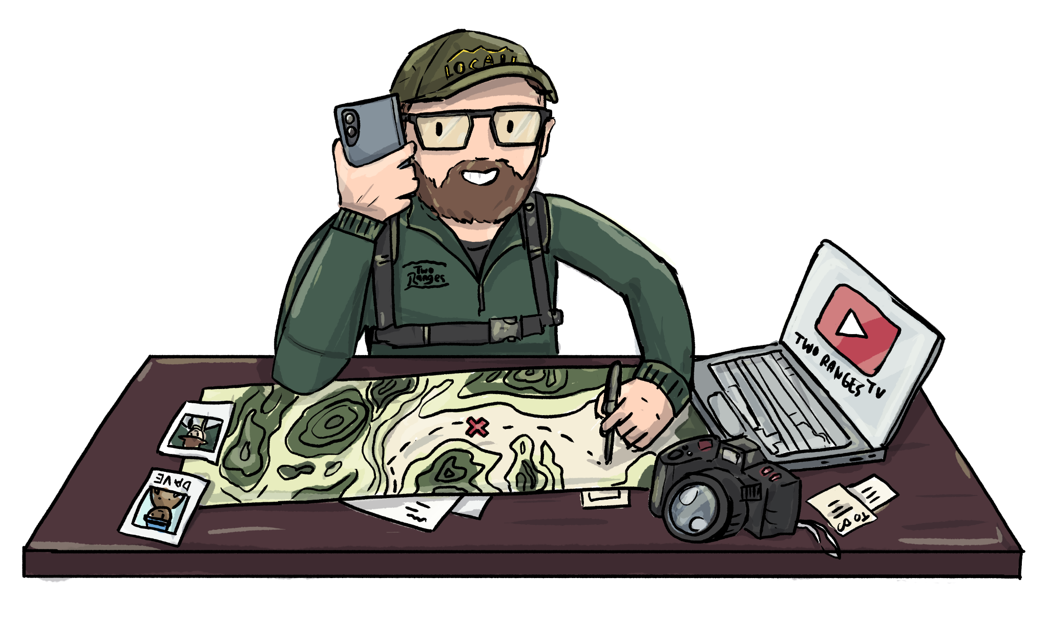 Illustrated Two Ranges contact hub with Tom, map, camera, phone, and video gear