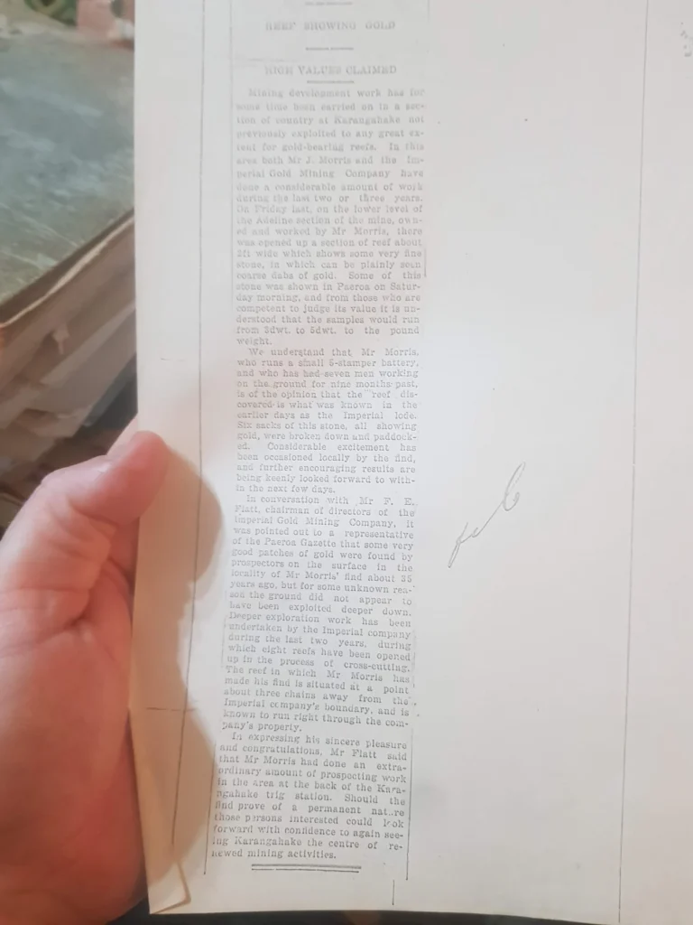 A newspaper clue mentioning visible gold on the reef.